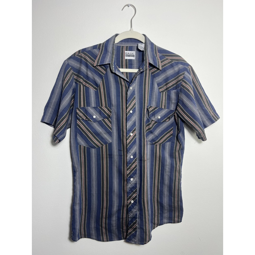 Basic Editions Mens Blue Striped Western Pearl Snap Short Sleeve Shirt Small
